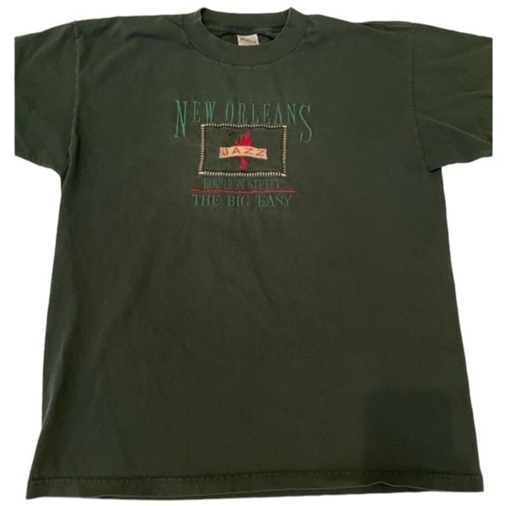 Vintage Murina New Orleans Jazz‎ Bourbon Street T-Shirt Green Embroidered XL USA